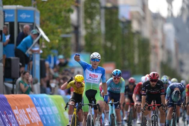 Belgian Jasper Philipsen pictured as he crosses the finish line of the fifth and last stage of the Renewi Tour multi-stage cycling race, from and to Leuven (183,7 km) on Sunday 23 August 2026. The five-day race takes place from 19 to 23 08. DAVIDxPINTENS  x0864635638stx
