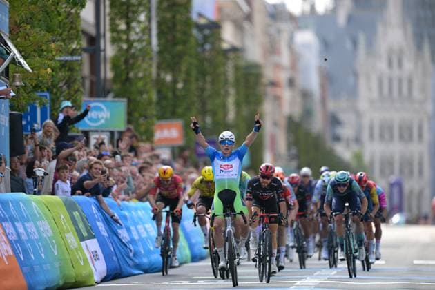 Belgian Jasper Philipsen pictured as he crosses the finish line of the fifth and last stage of the Renewi Tour multi-stage cycling race, from and to Leuven (183,7 km) on Sunday 23 August 2026. The five-day race takes place from 19 to 23 08. DAVIDxPINTENS  x0864635639stx