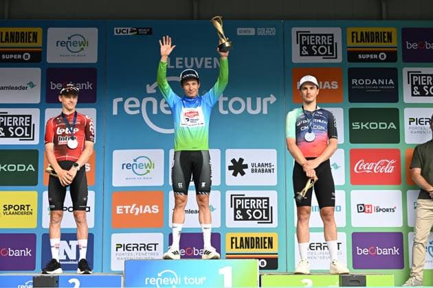 Italian Luca Mozzato ; Belgian Jasper Philipsen, and Belgian Arnaud De Lie pictured on the podium after the fifth and last stage of the Renewi Tour multi-stage cycling race, from and to Leuven (183,7 km) on Sunday 23 August 2026. The five-day race takes place from 19 to 23 08. DAVIDxPINTENS  x0864635717stx