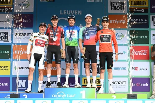 Italian Luca Mozzato ; Belgian Jasper Philipsen, and Belgian Arnaud De Lie pictured on the podium after the fifth and last stage of the Renewi Tour multi-stage cycling race, from and to Leuven (183,7 km) on Sunday 23 August 2026. The five-day race takes place from 19 to 23 08. DAVIDxPINTENS  x0864635718stx