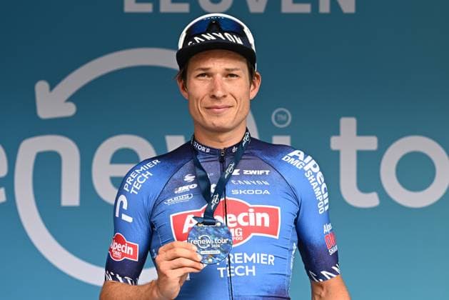 Belgian Jasper Philipsen pictured on the podium after winning the fifth and last stage of the Renewi Tour multi-stage cycling race, from and to Leuven (183,7 km) on Sunday 23 August 2026. The five-day race takes place from 19 to 23 08. DAVIDxPINTENS  x0864635948stx