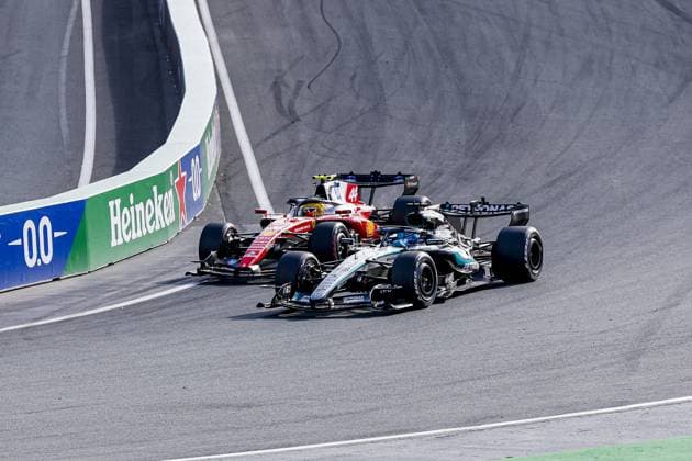 ZANDVOORT - Lewis Hamilton from Great Britain and driver for Scuderia Ferrari HP, George Russell from Great Britain and driver for Mercedes-AMG PETRONAS F1 Team during the Formula 1 Heineken Dutch Grand Prix at Circuit Zandvoort on 23 August 2026 in Zandvoort, the Netherlands. MARCEL TER BALS ANP xVIxANPxSportx xMarcelxterxBalsxIVx 566109454 originalFilename: 566109454.jpg