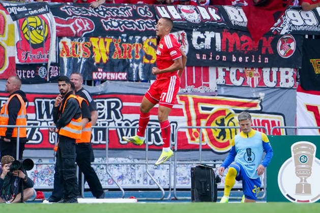 Deutschland: Fussball DFB-Pokal 2026 2027, 1. Runde - Eintracht Braunschweig - 1. FC Union Berlin - Eintracht-Stadion (Braunschweig): Tor und Torjubel zum Marin LjubiÄiÄ‡ Marin Ljubicic (1. FC Union Berlin, 27) *** Germany Soccer DFB Cup 2026–2027, First Round: Eintracht Braunschweig vs. 1. FC Union Berlin at Eintracht Stadium Braunschweig—Goal and celebration by Marin LjubiÄ u008DiÄ‡ (Marin Ljubicic) of 1. FC Union Berlin, 27 Copyright: xAymanxAlahmedx