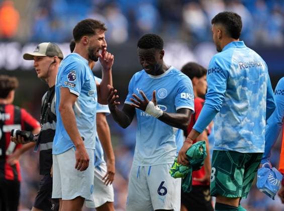 Marc GuÃ hi (6) of Manchester City chats with teammates Ruben Dias and Geronimo Rulli (right) after the game Manchester City v Bournemouth, Premier League, Football, Etihad Stadium, Manchester, UK - 23 Aug 2026Manchester Etihad Stadium United Kingdom EDITORIAL USE ONLY No use with unauthorised audio, video, data, fixture lists, club league logos or live services. Online in-match use limited to 120 images, no video emulation. No use in betting, games or single club league player publications.  Copyright: xWiredxPhotos Shutterstockx 17113667cy