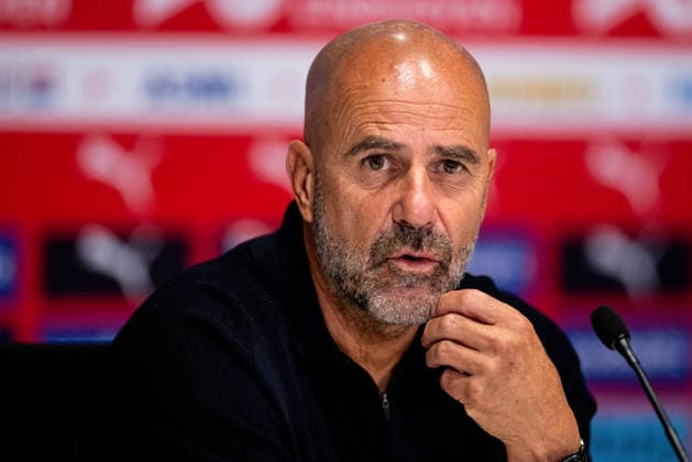 EINDHOVEN, NETHERLANDS - AUGUST 23: PSV head coach Peter Bosz attends a press conference, PK, Pressekonferenz after the Eredivisie 2026 27 match between PSV and FC Groningen at the Philips Stadion on August 23, 2026 in Eindhoven, Netherlands.  Copyright: xRenexNijhuis MBxMediax