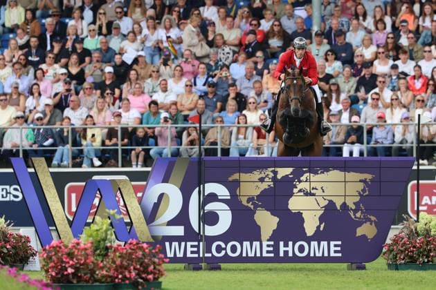 Richard Vogel (GER, Deutschland) mit Pferd Unites Touch S, aktueller Europameister und Sieger des Rolex Grand Prix von Aachen 2026 (CHIO Aachen), Frust, enttäuschtes Gesicht beim Sprung, Springen, FEI Jumping World Championship, WM, Weltmeisterschaft , FEI Jumping World Championship, Competition Individual Final, Longines-Prize, Longines-Preis, Finale Einzelwertung, Jumping , AACHEN - FEI World Championships 2026, Weltfest des Pferdesports, Reitsport Weltmeisterschaft 2026, Aachen 2026, Welcome Home 2026, Aachener Soers, 11. bis 23. August 2026, Reitsport, 23.08.2026, Aachen Aachener Soers Deutschland *** Richard Vogel (GER), Germany, riding Unites Touch S, current European champion and winner of the 2026 Rolex Grand Prix at CHIO Aachen, frustration, disappointed expression during the jump, show jumping, FEI Jumping World Championship, FEI Jumping World Championships, Individual Final, Longines Prize, Longines Award, Individual Final, Jumping, AACHEN FEI World Championships 2026, World Festival of Equestrian Sports, 2026 Equestrian World Championships, Aachen 2026, Welcome Home 2026, Aachen Soers, August 11–23, 2026, Equestrian Sports, August 23, 2026, Aachen Soers, Germany