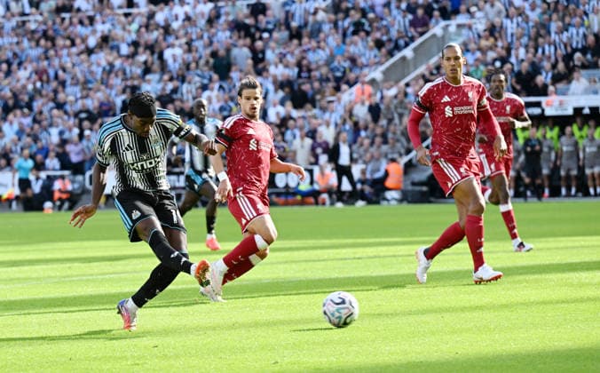 Newcastle Upon Tyne, England, 23rd August 2026. Anthony Elanga of Newcastle United scoring the first goal during the Newcastle United vs Liverpool Premier League match at St. James Park, Newcastle Upon Tyne. Picture credit should read: Anna Gowthorpe Sportimage EDITORIAL USE ONLY. No use with unauthorised audio, video, data, fixture lists, club league logos or live services. Online in-match use limited to 120 images, no video emulation. No use in betting, games or single club league player publications. SPI_022_AG_Newcastle_Liverpool SPI-4932-0022