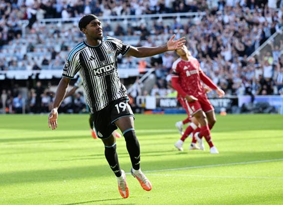 Newcastle Upon Tyne, England, 23rd August 2026. Anthony Elanga of Newcastle United celebrates scoring the first goal during the Newcastle United vs Liverpool Premier League match at St. James Park, Newcastle Upon Tyne. Picture credit should read: Anna Gowthorpe Sportimage EDITORIAL USE ONLY. No use with unauthorised audio, video, data, fixture lists, club league logos or live services. Online in-match use limited to 120 images, no video emulation. No use in betting, games or single club league player publications. SPI_023_AG_Newcastle_Liverpool SPI-4932-0023