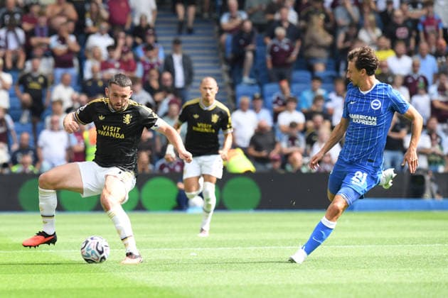 Brighton and Hove Albion v Aston Villa, Premier League John McGinn Midfielder of Aston Villa and Olivier Boscagli Defender of Brighton and Hove Albion in action during the Premier League match between Brighton and Hove Albion and Aston Villa at the American Express Stadium, Brighton and Hove, UK on 23 August 2026. Brighton and Hove American Express Stadium East Sussex UK Editorial use only DataCo restrictions apply See www.football-dataco.com , Copyright: xJeffxMoodx PSI-24737-0053