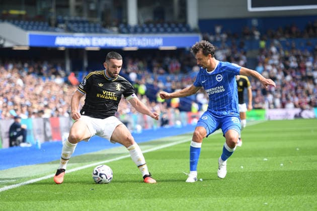 Brighton and Hove Albion v Aston Villa, Premier League John McGinn Midfielder of Aston Villa and Olivier Boscagli Defender of Brighton and Hove Albion in action during the Premier League match between Brighton and Hove Albion and Aston Villa at the American Express Stadium, Brighton and Hove, UK on 23 August 2026. Brighton and Hove American Express Stadium East Sussex UK Editorial use only DataCo restrictions apply See www.football-dataco.com , Copyright: xJeffxMoodx PSI-24737-0061