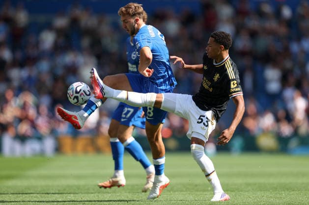 Brighton & Hove Albion v Aston Villa 23 August 2026 Brighton, Premier League Football - Brighton & Hove Albion v Aston Villa - Jack Hinshelwood of Brighton & Hove Albion and George Hemmings of Aston Villa - (Photo by Mark Leech). Brighton UK *** Brighton Hove Albion gegen Aston Villa, 23. August 2026, Brighton, Premier League, Fußball: Brighton Hove Albion gegen Aston Villa – Jack Hinshelwood von Brighton Hove Albion und George Hemmings von Aston Villa. Foto: Mark Leech, Brighton, Großbritannien  Copyright: xMarkxLeechxOffside