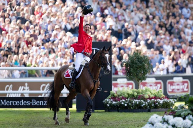 Steve GUERDAT (SUI) auf Dynamix de Belheme gewinnt die Gold Medaille, Freude, Lachen, Jubel, Springen S3, Umlauf B, FEI Jumping World Championship, WM, Weltmeisterschaft - Individual Final - LONGINES-Preis, am 23.08.2026, FEI Reit Weltmeisterschaft Aachen 2026 vom 11. - 23.08.2026 in Aachen Deutschland; Â *** Steve GUERDAT (SUI) on Dynamix de Belheme wins the gold medal—joy, laughter, cheering, S3 Jumping, Round B, FEI Jumping World Championship Individual Final LONGINES Prize, on August 23, 2026, FEI World Equestrian Games Aachen 2026, August 11–23, 2026, in Aachen, Germany Â