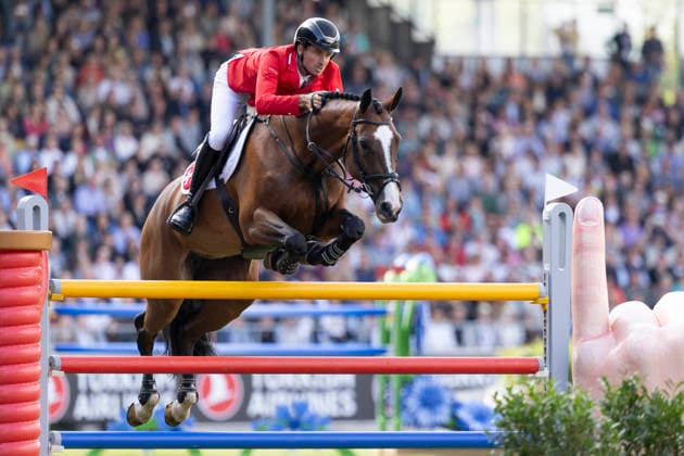 Steve GUERDAT (SUI) auf Dynamix de Belheme, im Sprung, Einzelbild, Einzelaktion, Aktion, Springen S3, Umlauf B, FEI Jumping World Championship, WM, Weltmeisterschaft - Individual Final - LONGINES-Preis, am 23.08.2026, FEI Reit Weltmeisterschaft Aachen 2026 vom 11. - 23.08.2026 in Aachen Deutschland; Â *** Steve GUERDAT SUI on Dynamix de Belheme, in mid-jump, single frame, single action, action, Jumping S3, Round B, FEI Jumping World Championship Individual Final LONGINES Prize, on August 23, 2026, FEI World Equestrian Championships Aachen 2026, August 11–23, 2026, in Aachen, Germany Â