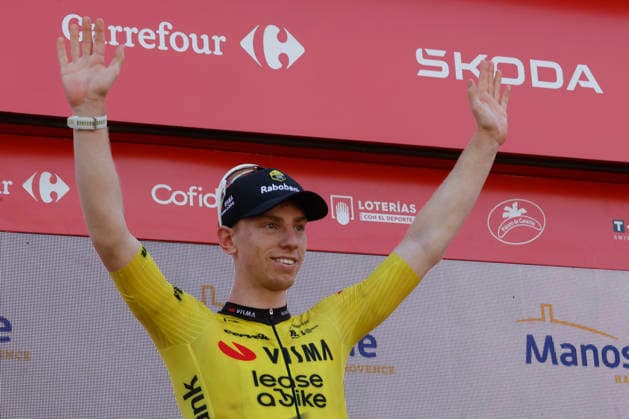 British cyclist James Matthew Brennan, of Visma-Lease a Bike team, celebrates on the podium after he won the second stage of La Vuelta a Espana cycling tour, between Monaco and French town of Manosque covering 214.3 km. Second stage of La Vuelta cycling tour !ACHTUNG: NUR REDAKTIONELLE NUTZUNG!  Copyright: xJavierxLizonx GRAF3659 20260823-55021209562_1