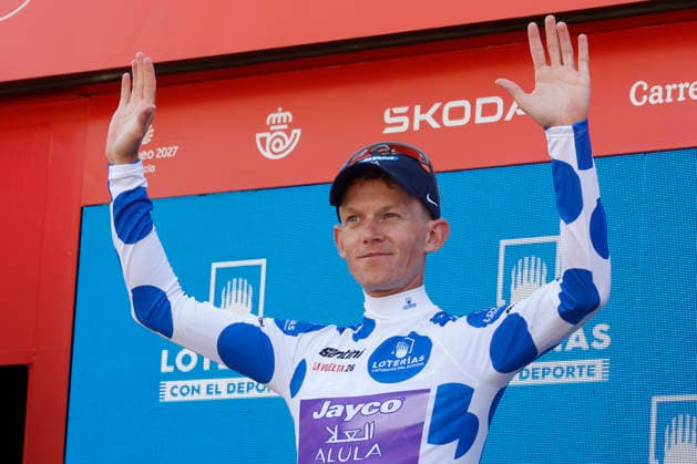 Dutch cyclist Koen Bouwman, of Jayco Alula team, celebrates on the podium after he became in climber leader after the second stage of La Vuelta a Espana cycling tour, between Monaco and French town of Manosque covering 214.3 km. Second stage of La Vuelta cycling tour !ACHTUNG: NUR REDAKTIONELLE NUTZUNG!  Copyright: xJavierxLizonx GRAF3648 20260823-55021209575_1