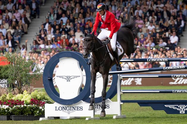 Daniel DEUSSER (GER) auf Otello de Guldenboom, beim letzten Sprung mit Fehler, Einzelbild, Einzelaktion, Aktion, Springen S3, Umlauf B, FEI Jumping World Championship, WM, Weltmeisterschaft - Individual Final - LONGINES-Preis, am 23.08.2026, FEI Reit Weltmeisterschaft Aachen 2026 vom 11. - 23.08.2026 in Aachen Deutschland; Â *** Daniel DEUSSER (GER) on Otello de Guldenboom, with a fault on the final jump, single frame, individual action, action, Jumping S3, Round B, FEI Jumping World Championship Individual Final LONGINES Prize, on August 23, 2026, FEI World Equestrian Games Aachen 2026, August 11–23, 2026, in Aachen, Germany Â