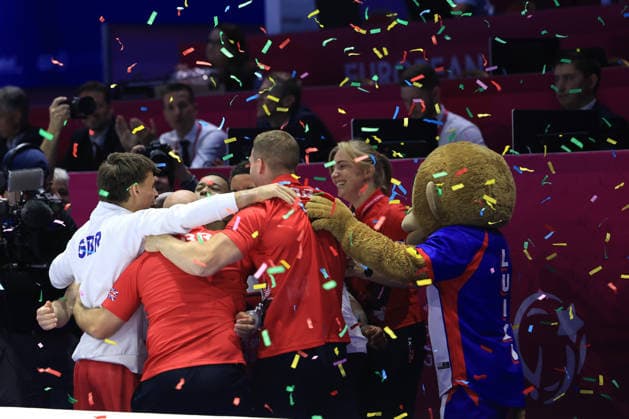 Zagreb, 23.08.2026. - 37TH EUROPEAN MEN™S ARTISTIC GYMNASTICS Men s Artistic Gymnastics Team Final SENIORS. The Great Britain team celebrates the victory, TULLOCH Courtney, HEPWORTH Harry, FRASER Joe, RUSHWORTH Jonas, SCOTT Sol Men s Artistic Gymnastics Team Final SENIORS  2S6A8648.JPG