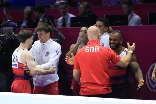 Zagreb, 23.08.2026. - 37TH EUROPEAN MEN™S ARTISTIC GYMNASTICS Men s Artistic Gymnastics Team Final SENIORS. The Great Britain team celebrates the victory, TULLOCH Courtney, HEPWORTH Harry, FRASER Joe, RUSHWORTH Jonas, SCOTT Sol Men s Artistic Gymnastics Team Final SENIORS  2S6A8727.JPG