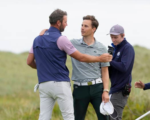 BALMEDIE, SCOTLAND - AUG 23: Scott Jamieson (SCO) is congratulated by Matthew Jordan after winning the 2026 Nexo Championship at the Trump International Golf Links, Balmedie on August 23, 2026 in Aberdeenshire, Scotland The 2026 Nexo Championship