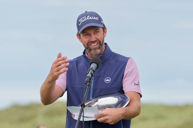 BALMEDIE, SCOTLAND - AUG 23: Scott Jamieson (SCO) speaks to the crowd after winning The Nexo Championship during Round 4 at the 2026 Nexo Championship at the Trump International Golf Links, Balmedie on August 23, 2026 in Aberdeenshire, Scotland The 2026 Nexo Championship
