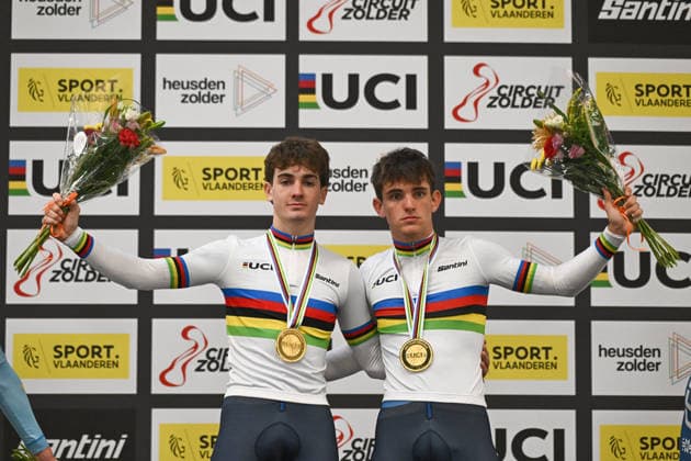 2026 UCI Junior Track World Championships Picture by Mathew Wells SWpix.com - 23 08 2026 - Cycling - 2026 UCI Junior Track World Championships - Heusden-Zolder, Flanders, Belgium - Men™s Madison Final - Nicola Padovan and Paolo Marangon of Italy wins the Gold Medal Copyright: x xSWpix.comx(t axPhotographyxHubxLtd)xMathewxWells SWpix.comx SWP-3030-19333