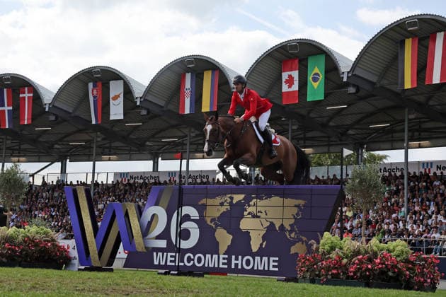 Weltmeister Steve Guerdat (SUI, Schweiz) mit Pferd Dynamix de Belheme am WM-Sprung , Springen, FEI Jumping World Championship, WM, Weltmeisterschaft , FEI Jumping World Championship, Competition Individual Final, Longines-Prize, Longines-Preis, Finale Einzelwertung, Jumping , AACHEN - FEI World Championships 2026, Weltfest des Pferdesports, Reitsport Weltmeisterschaft 2026, Aachen 2026, Welcome Home 2026, Aachener Soers, 11. bis 23. August 2026, Reitsport, 23.08.2026, Aachen Aachener Soers Deutschland *** World Champion Steve Guerdat (SUI, Switzerland) with his horse Dynamix de Belheme at the World Jumping Championships, FEI Jumping World Championship, FEI Jumping World Championship, Individual Final, Longines Prize, Jumping, AACHEN FEI World Championships 2026, World Festival of Equestrian Sports, 2026 Equestrian World Championships, Aachen 2026, Welcome Home 2026, Aachen Soers, August 11–23, 2026, Equestrian Sports, August 23, 2026, Aachen Soers, Germany
