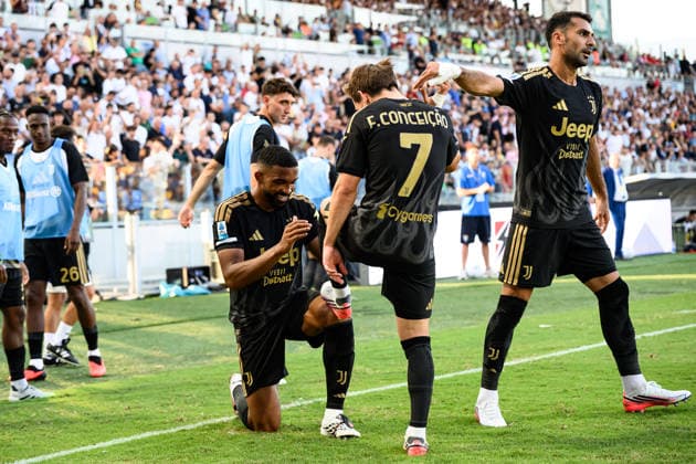 Gleison Bremer Silva Nascimento of Juventus FC celebrates with Francisco Conceicao and Zeki Celik of Juventus FC after scoring the goal of 0-1 during the Serie A 2026 2027 football match between Frosinone Calcio and Juventus FC at Benito Stirpe Stadium in Frosinone (Italy), August 23, 2026. andreaxstaccioli