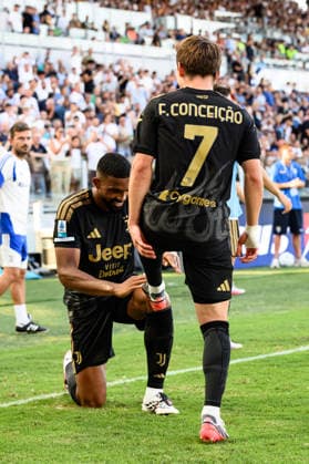 Gleison Bremer Silva Nascimento of Juventus FC celebrates with Francisco Conceicao after scoring the goal of 0-1 during the Serie A 2026 2027 football match between Frosinone Calcio and Juventus FC at Benito Stirpe Stadium in Frosinone (Italy), August 23, 2026. andreaxstaccioli
