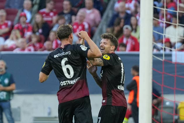 Patrick Osterhage (SC Freiburg, 06) und Lukas Kübler Lukas Kuebler (SC Freiburg, 17) Torjubel, Emotionen, Torschuss, Abschluss, Torerfolg, Tor, Treffer , Deutschland, Fußball, 1. Runde, DFB Pokal, 2026 2027, Fortuna Düsseldorf vs. SC Freiburg, 23.08.2026, Merkur Spiel-Arena, Düsseldorf Düsseldorf Merkur Spiel-Arena Nordrhein-Westfalen Deutschland *** Patrick Osterhage, SC Freiburg, 06, and Lukas Kübler, SC Freiburg, 17; goal celebration, emotions, shot on goal, finish, goal scored, goal, hit, Germany, soccer, Round 1, DFB Cup, 2026–2027, Fortuna Düsseldorf vs. SC Freiburg, August 23, 2026, Merkur Spiel Arena, Düsseldorf, North Rhine-Westphalia, Germany Copyright: xArnexAmbergx
