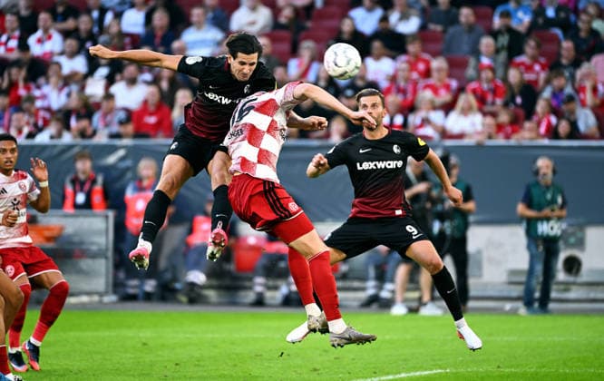 Düsseldorf, Germany, DFB Cup, 1. Round, Merkur-Spiel-Arena Düsseldorf, Fortuna Düsseldorf vs SC Freiburg; Igor Matanovic (SCF) scores the goal to make it 0:2. *** Düsseldorf, Germany, DFB Cup, First Round, Merkur Spiel Arena Düsseldorf, Fortuna Düsseldorf vs. SC Freiburg; Igor Matanovic (SCF) scores the goal to make it 0–2