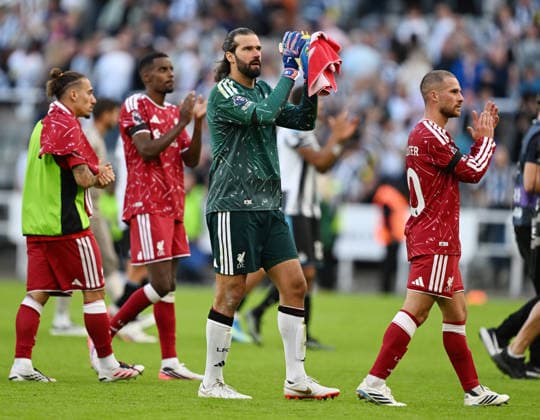 Newcastle Upon Tyne, England, 23rd August 2026. Alisson Becker of Liverpool claps the fans during the Newcastle United vs Liverpool Premier League match at St. James Park, Newcastle Upon Tyne. Picture credit should read: Anna Gowthorpe Sportimage EDITORIAL USE ONLY. No use with unauthorised audio, video, data, fixture lists, club league logos or live services. Online in-match use limited to 120 images, no video emulation. No use in betting, games or single club league player publications. SPI_066_AG_Newcastle_Liverpool SPI-4932-0063
