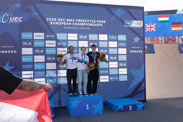 23.08.2026 Finale Frauen bei der UEC BMX Freestyle Park Europameisterschaft in Darmstadt Ausrichter VC Darmstadt v li 2. Elsa Rendall Todd (GBR) 1. Noemi Molnar (HUN) 3. Lillyana Seidler (GER) Darmstadt Hessen Deutschland *** August 23, 2026 Women’s Final at the UEC BMX Freestyle Park European Championships in Darmstadt Host: VC Darmstadt From left: 2. Elsa Rendall Todd (GBR), 1. Noemi Molnar (HUN), 3. Lillyana Seidler (GER) Darmstadt, Hesse, Germany