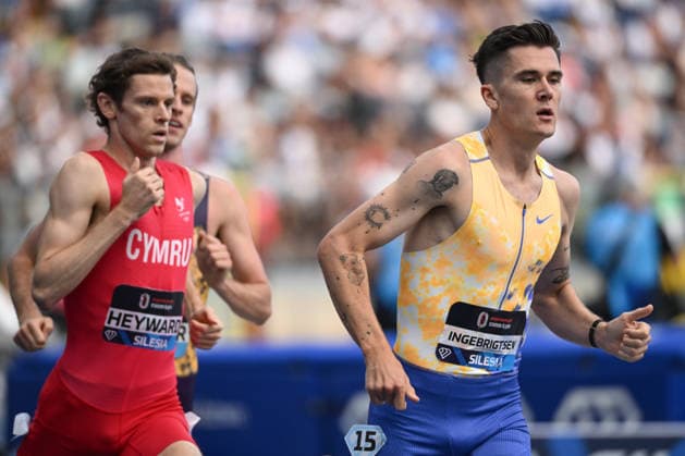 Silesia Diamond League Meeting 2026 in Chorzow CHORZOW, POLAND - AUGUST 23: Jakob Ingebrigtsen of Norway and Jake Heyward of Great Britain in action in the Men s 1,500m Final at the Silesia Diamond League meeting of the 2026 Wanda Diamond League circuit at Silesian Stadium on August 23, 2026 in Chorzow, Poland. Stringer Anadolu Chorzow Poland. Editorial use only. Please get in touch for any other usage.  Copyright: x2026xAnadoluxStringerx