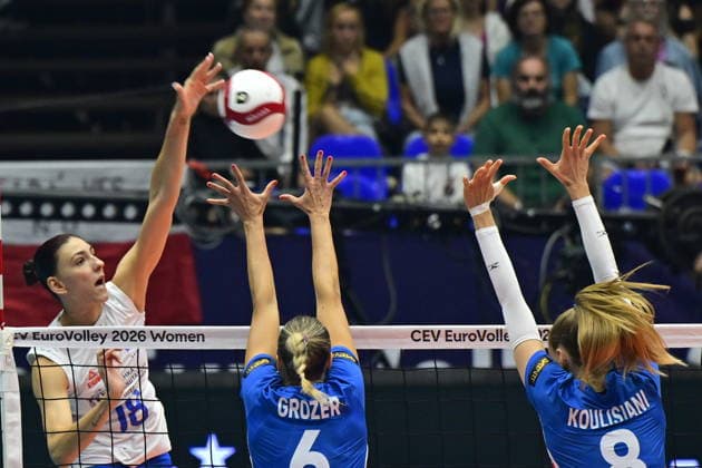 From left Tijana Boskovic of Serbia, Helena Grozerova, Ela Koulisianova, both of Czech Republic in action during the Women s European Volleyball Championships Group B match Czech Republic vs Serbia, in Brno, Czech Republic, on August 23, 2026. (CTKxPhoto VaclavxSalek) CTKPhotoP2026082304872  CTKPhotoP2026082304872