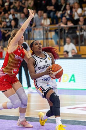 GOETTINGEN, GERMANY - AUGUST 23: Alexis Peterson (Germany, 1) with ball during the exhibition game, match between Germany vs. Hungary at Sparkassen-Arena on August 23, 2026 in Goettingen, Germany. Lower Saxony Germany Copyright: xBEAUTIFULxSPORTS Freudensteinx