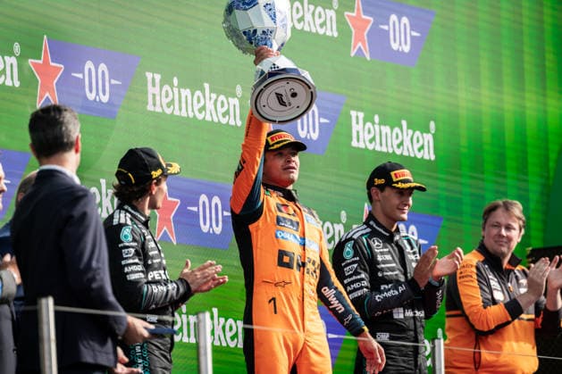 Circuit Zandvoort, Zandvoort, Netherlands. 23.August.2026; Lando Norris of Great Britain and McLaren Mastercard F1 Team, Kimi Antonelli and George Russell on the podium during Formula One Dutch Grand Prix  aflo_342432392 JayxHiranox