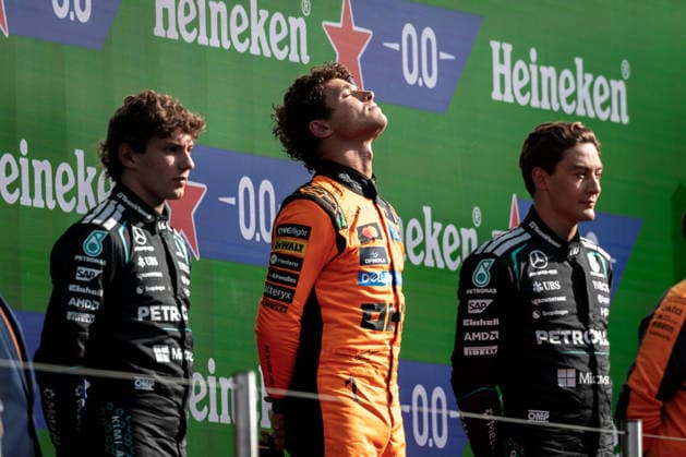 Circuit Zandvoort, Zandvoort, Netherlands. 23.August.2026; Lando Norris of Great Britain and McLaren Mastercard F1 Team, Kimi Antonelli and George Russell on the podium during Formula One Dutch Grand Prix  aflo_342432425 JayxHiranox