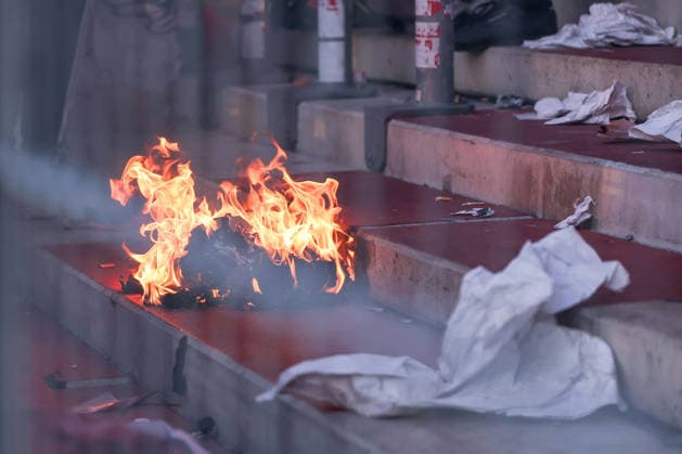 23.08.2026, Fußball, Rot-Weiss Essen - FC St. Pauli, 1. Runde DFB-Pokal 2026 27, Stadion an der Hafenstraße, Saison 2026 2027: Feuer im Block der Ultas Fans auf der Westtribüne DFB regulations prohibit any use of photographs as image sequences and or quasi-video. Nordrhein-Westfalen Deutschland *** August 23, 2026, Soccer, Rot Weiss Essen vs. FC St. Pauli, First Round of the 2026–27 DFB Cup, Stadion an der Hafenstraße, 2026–2027 season: Fire in the Ultras fan section of the West Stand. DFB regulations prohibit any use of photographs as image sequences and or quasi-video. North Rhine-Westphalia, Germany