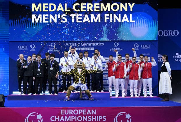 37th European Championships and 15th European Junior Championships in MenÂ s Artistic Gymnastics ZAGREB, CROATIA - AUGUST 23: Silver medalist team World Gymnastics 2, gold medalist team Great Britain and bronze medalist team Switzerland during the medal award ceremony for the Men s Team Final, on day 5 of the 2026 Men s Artistic Gymnastics European Championships at Arena Zagreb on August 23, 2026 in Zagreb, Croatia.  MarkoxLukunic PIXSELL