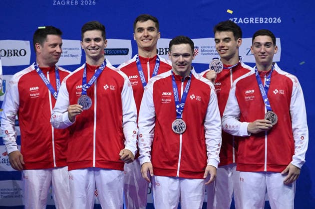 37th European Championships and 15th European Junior Championships in MenÂ s Artistic Gymnastics ZAGREB, CROATIA - AUGUST 23: Bronze medalist team Switzerland during the medal award ceremony for the Men s Team Final, on day 5 of the 2026 Men s Artistic Gymnastics European Championships at Arena Zagreb on August 23, 2026 in Zagreb, Croatia.  MarkoxLukunic PIXSELL