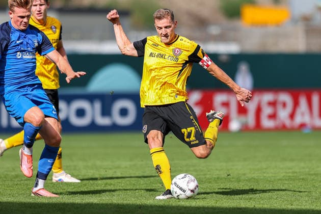 2026.08.23, xkwix, Fußball, DFB-Pokal, SV Westfalia Rhynern - Dynamo Dresden, LVM-Preußenstadion, 1.Runde, Saison 2026 2027: Niklas Hauptmann (Dynamo Dresden 27) beim Schuss DFB regulations prohibit any use of photographs as image sequences and or quasi-video. Photo: xKamilxWilkowskixPressefotoKochx Nordrhein-Westfalen Deutschland *** August 23, 2026, xkwix, Soccer, DFB Cup, SV Westfalia Rhynern vs. Dynamo Dresden, LVM Preußenstadion, Round 1, 2026–2027 Season, Niklas Hauptmann of Dynamo Dresden, age 27, taking a shot. DFB regulations prohibit any use of photographs as image sequences and or quasi-video. Photo: xKamilxWilkowskixPressefotoKochx, North Rhine-Westphalia, Germany
