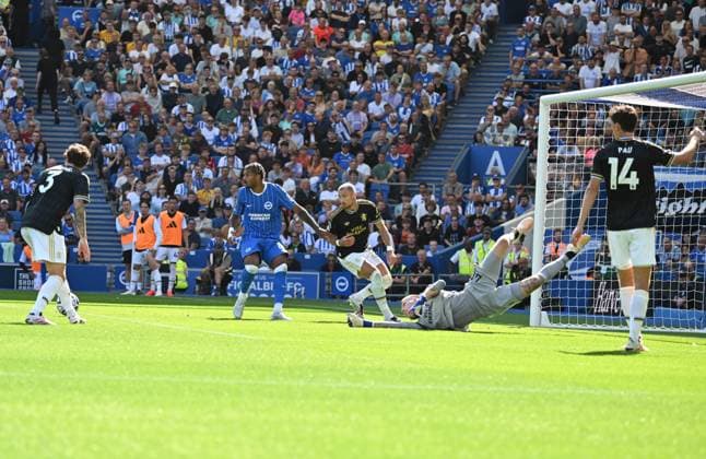 Marco Bizot of Aston Villa gets enough on the ball to get out of the danger zone during the Premier League match between Brighton and Hove Albion and Aston Villa at the American Express Stadium, Brighton UK - Sunday 23rd August 2026 Brighton v Aston Villa Premier League Football, Amex Stadium, Sussex, UK - 23 Aug 2026Brighton Amex Stadium Sussex United Kingdom EDITORIAL USE ONLY No use with unauthorised audio, video, data, fixture lists, club league logos or live services. Online in-match use limited to 120 images, no video emulation. No use in betting, games or single club league player publications. . No mer  Copyright: xLizxFinlayson TPI Shutterstockx 17113558bj