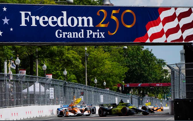 The yellow flag is shown after Team Penske driver David Malukas (12) crashed on lap 36 of the Freedom 250 Grand Prix IndyCar, Indy Car, IRL, USA Series race on the National Mall in Washington, DC on Sunday, August 23, 2026.  WAP20260823847 BONNIExCASH