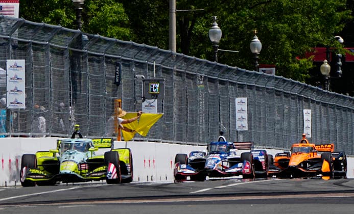 The yellow flag is shown after Team Penske driver David Malukas (12) crashed on lap 36 of the Freedom 250 Grand Prix IndyCar, Indy Car, IRL, USA Series race on the National Mall in Washington, DC on Sunday, August 23, 2026.  WAP20260823848 BONNIExCASH