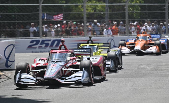 Team Penske driver Josef Newgarden (2) leads the pack in the Freedom 250 Grand Prix IndyCar, Indy Car, IRL, USA Series race on the National Mall in Washington, DC on Sunday, August 23, 2026.  WAP20260823852 DAVIDxTULIS