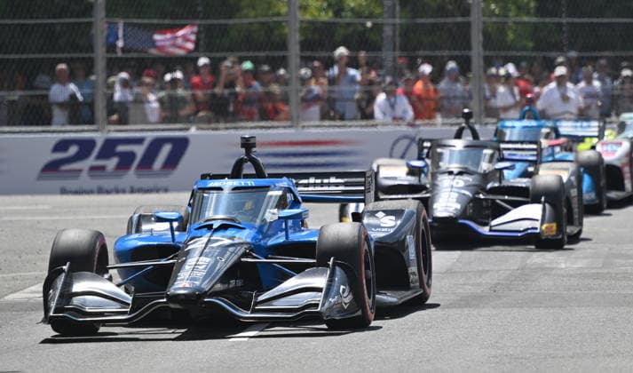 Andretti Global driver Kyle Kirkwood (27) leads the pack in the Freedom 250 Grand Prix IndyCar, Indy Car, IRL, USA Series race on the National Mall in Washington, DC on Sunday, August 23, 2026.  WAP20260823853 DAVIDxTULIS