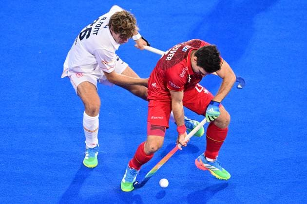 RECORD DATE NOT STATED Spain s Bruno Font and Belgium s Arthur de Sloover fight for the ball during a hockey game between Belgian national team, Nationalteam Red Lions and Spain, at the men s 2026 Hockey World Cup, Sunday 23 August 2026 in Wavre. The 2026 edition of the Hockey World Cup takes place in Belgium and The Netherlands from August 15 to August 30. DIRKxWAEM  x184110402x