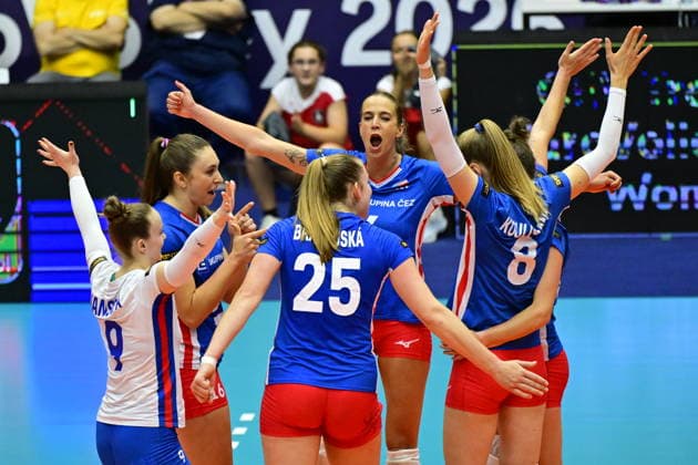 Volleyball players of Czech Republic in action during the Women s European Volleyball Championships Group B match Czech Republic vs Serbia, in Brno, Czech Republic, on August 23, 2026. (CTKxPhoto VaclavxSalek) CTKPhotoP2026082305580  CTKPhotoP2026082305580