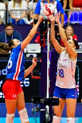 From left Czech Michaela Mlejnkova, Tijana Boskovic of Serbia in action during the Women s European Volleyball Championships Group B match Czech Republic vs Serbia, in Brno, Czech Republic, on August 23, 2026. (CTKxPhoto VaclavxSalek) CTKPhotoP2026082305610  CTKPhotoP2026082305610