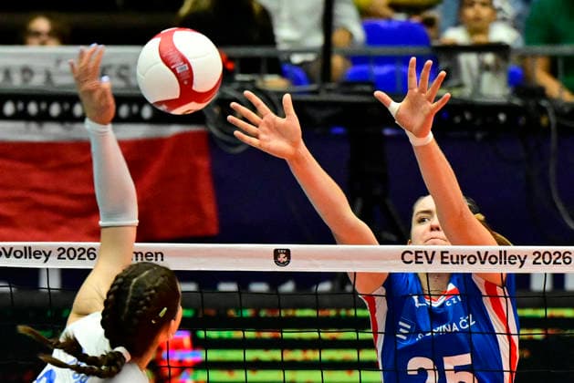 From left Branka Tica of Serbia and Monika Brancuskova of Czech Republic in action during the Women s European Volleyball Championships Group B match Czech Republic vs Serbia, in Brno, Czech Republic, on August 23, 2026. (CTKxPhoto VaclavxSalek) CTKPhotoP2026082305652  CTKPhotoP2026082305652